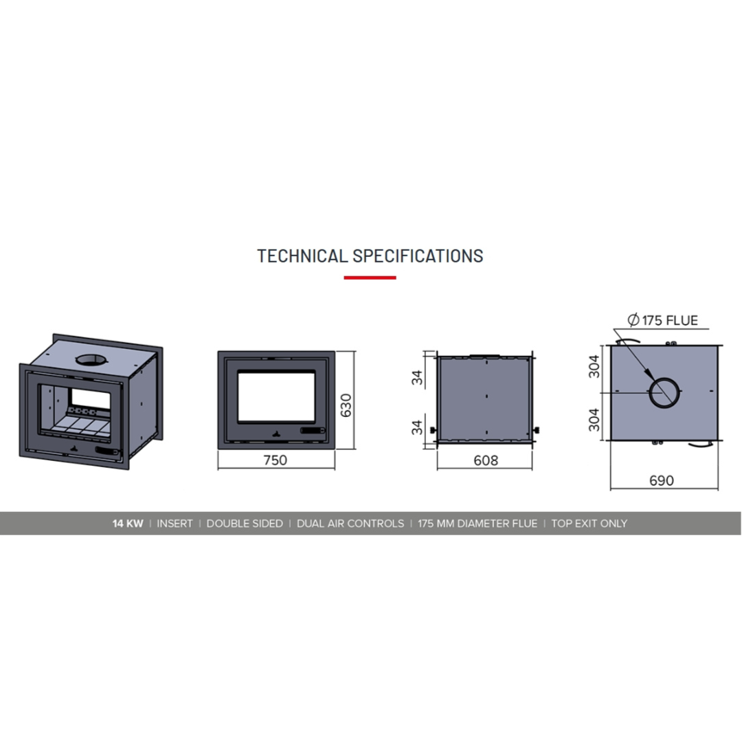 Double sided fireplace insert technical diagram and sizes