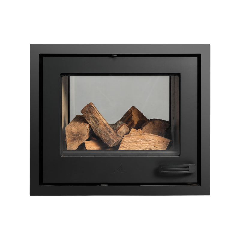A built-in double-sided fireplace insert with glass on both sides, showing visible wood inside and a black exterior frame.