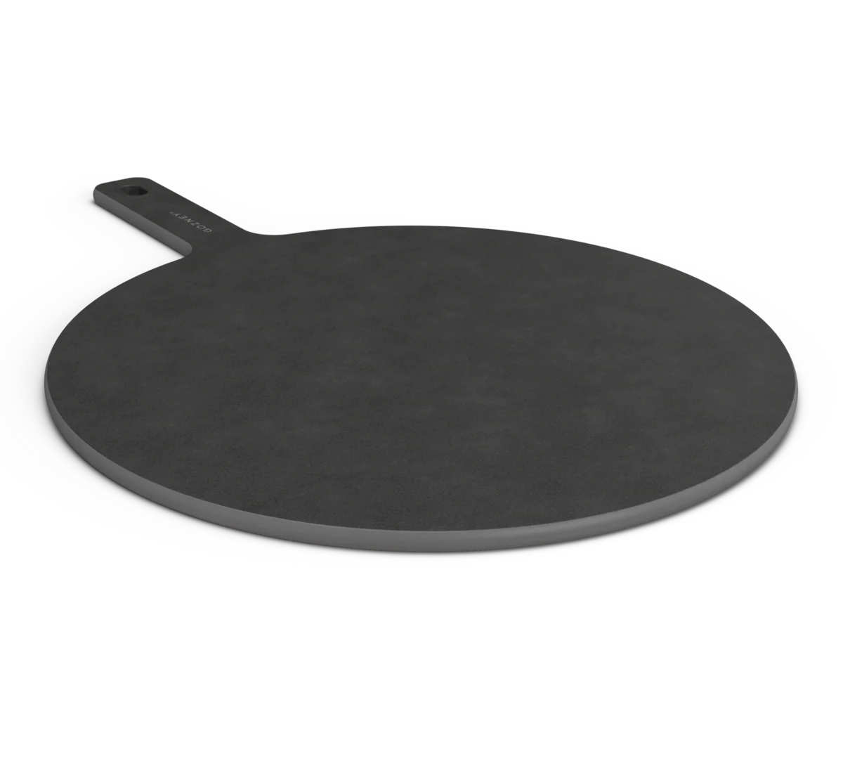 Black pizza stone with handle on a white background