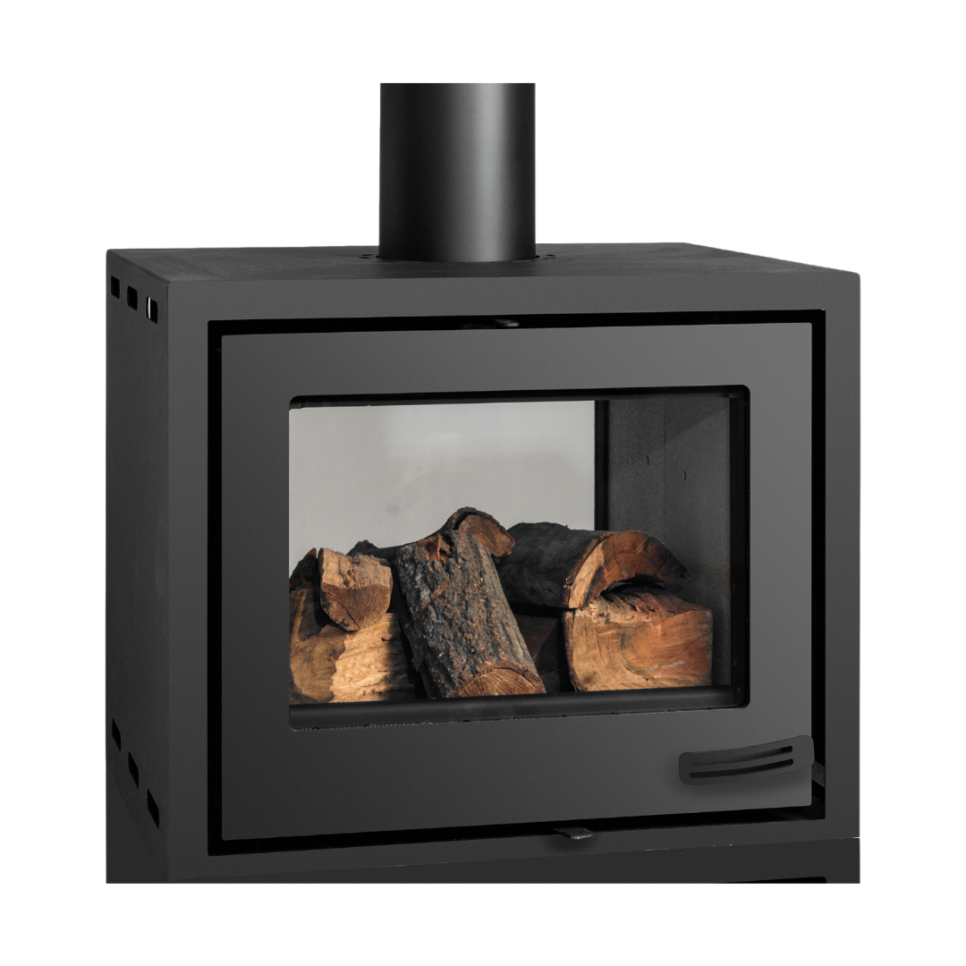 A black double sided wood stove with visible wood inside and a viewing window