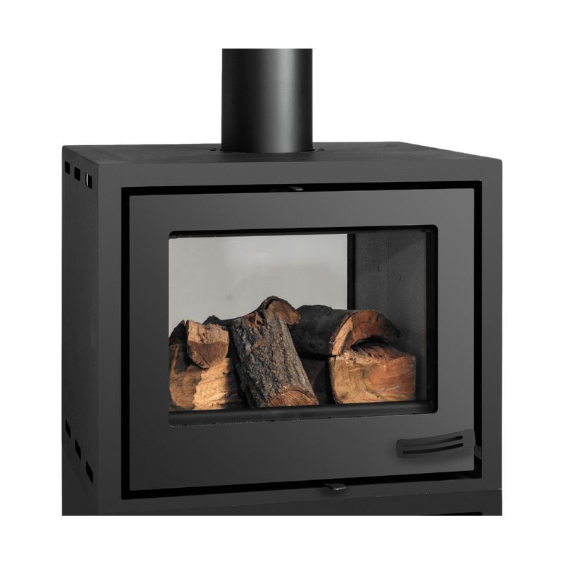 A black double sided wood stove with visible wood inside and a viewing window