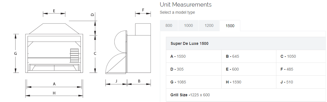 1500 Combo braai options info diagram and sizes