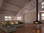 Modern living room with a gray sectional sofa and a hanging fireplace.