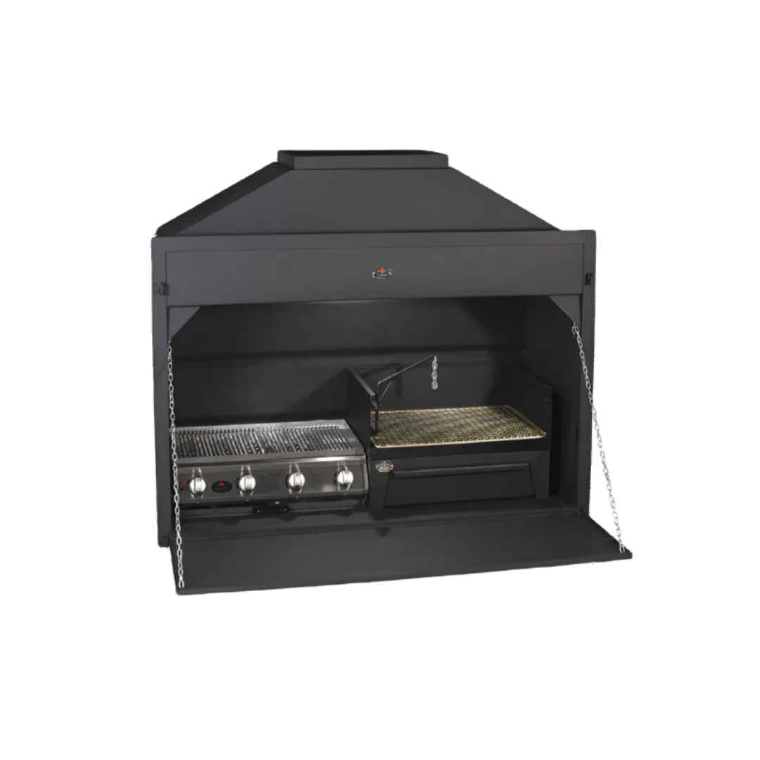 A black built-in gas grill with a closed lid and a side view showing the grill on top.