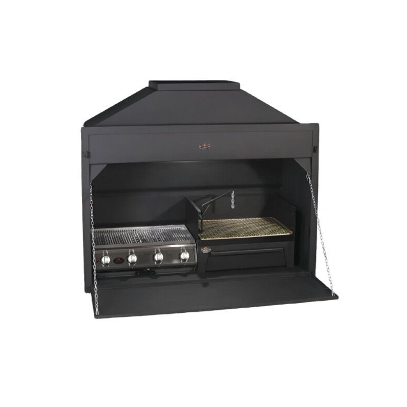 A black built-in gas grill with a closed lid and a side view showing the grill on top.