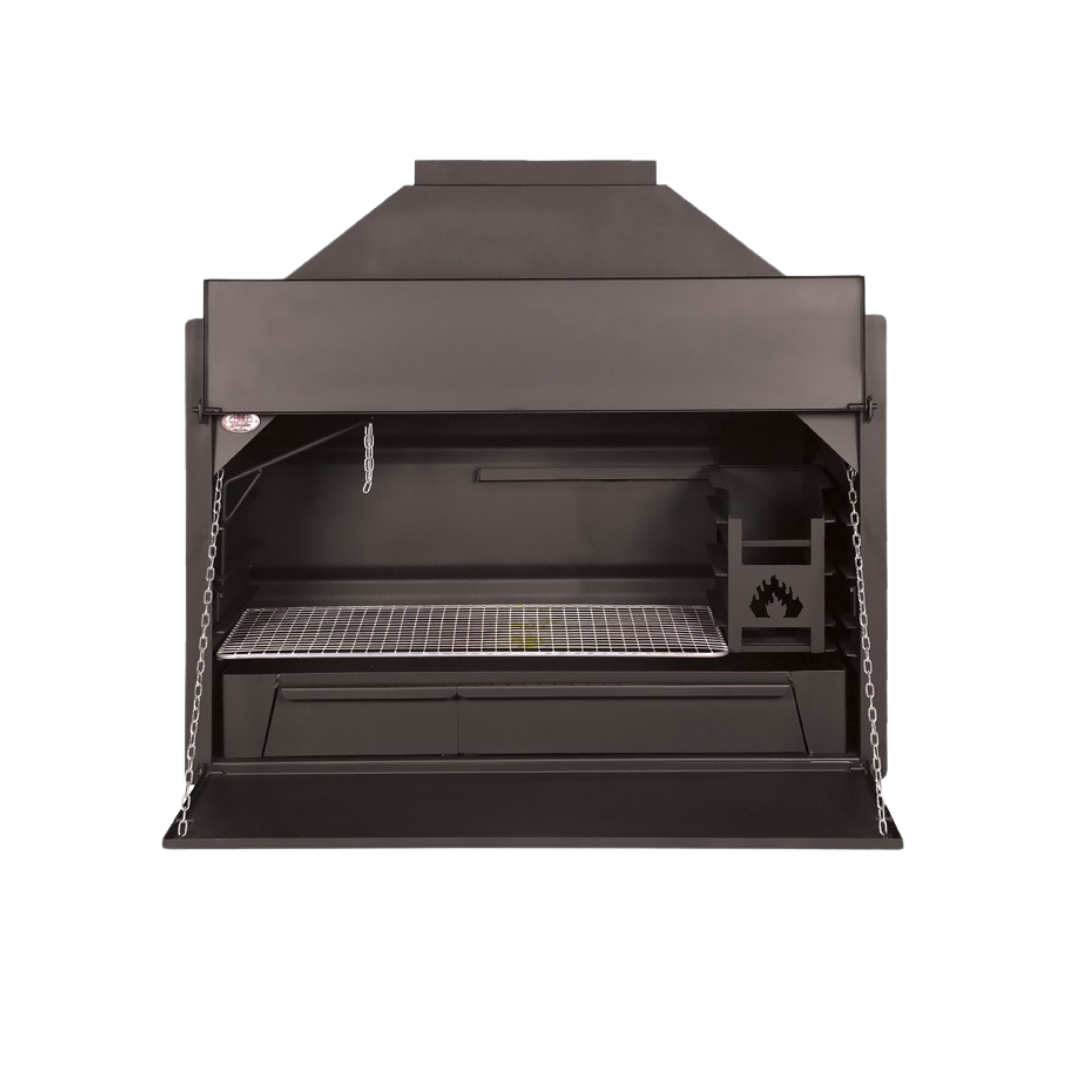 A black build-in braai unit with a warming drawer, ash disposal trap, and a full-length braai grid.