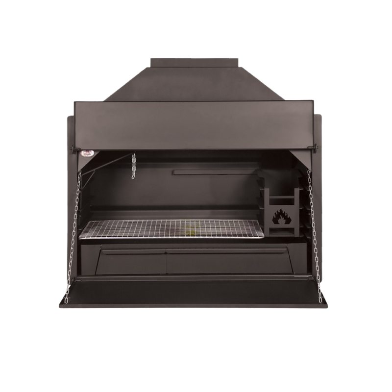 A black build-in braai unit with a warming drawer, ash disposal trap, and a full-length braai grid.