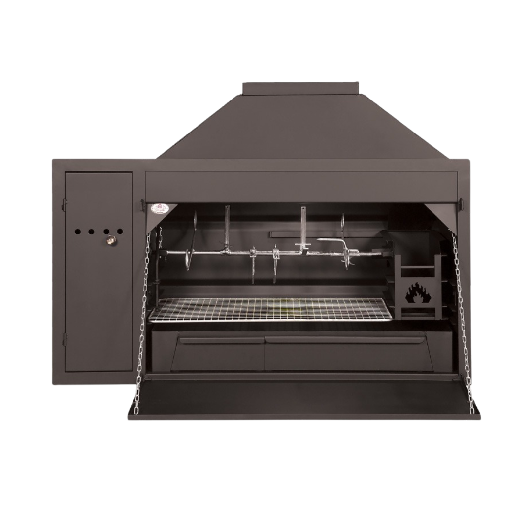 A black build-in braai unit with a spit motor box on the top, a warming drawer, ash disposal trap, and ash drawer. It has a potjie hook on the side and a full-length braai grid.