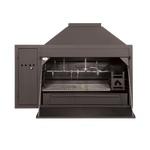 A black build-in braai unit with a spit motor box on the top, a warming drawer, ash disposal trap, and ash drawer. It has a potjie hook on the side and a full-length braai grid.
