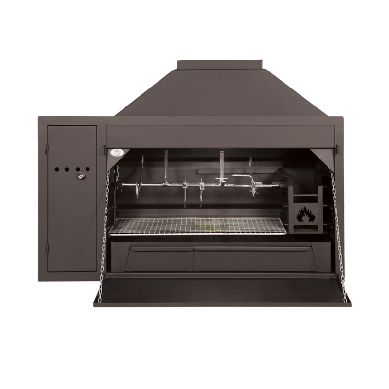A black build-in braai unit with a spit motor box on the top, a warming drawer, ash disposal trap, and ash drawer. It has a potjie hook on the side and a full-length braai grid.