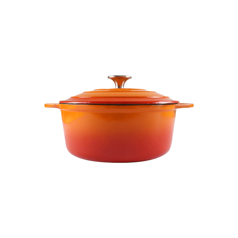 An orange round casserole dish with a lid.