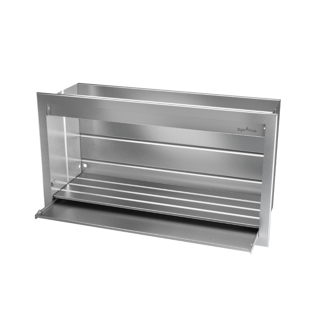 A built-in stainless steel braai grill with a closed lid, designed to be inserted into a prebuilt chimney breast.