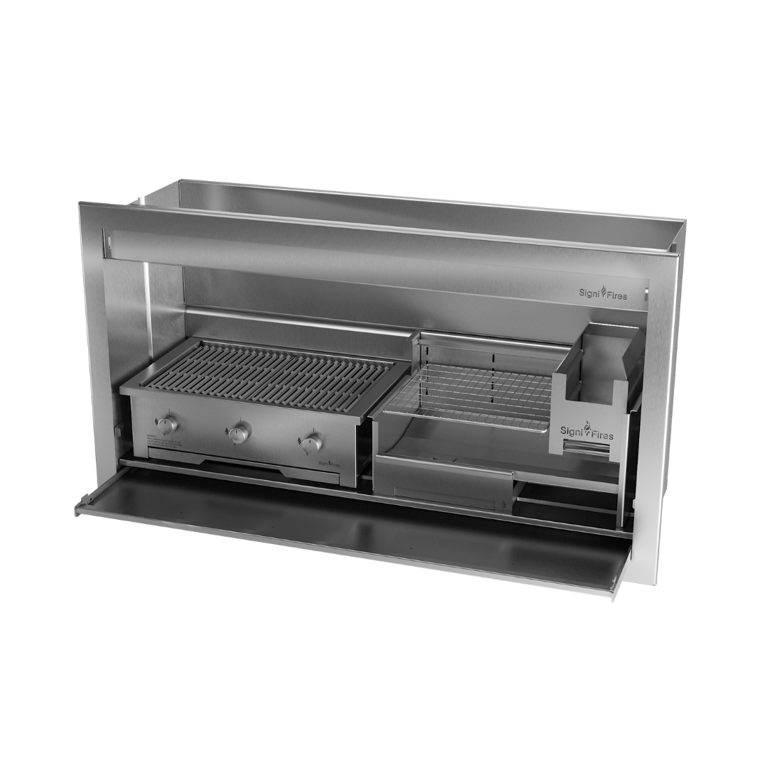 A built-in stainless steel braai grill with a closed lid, designed to be inserted into a prebuilt chimney breast.