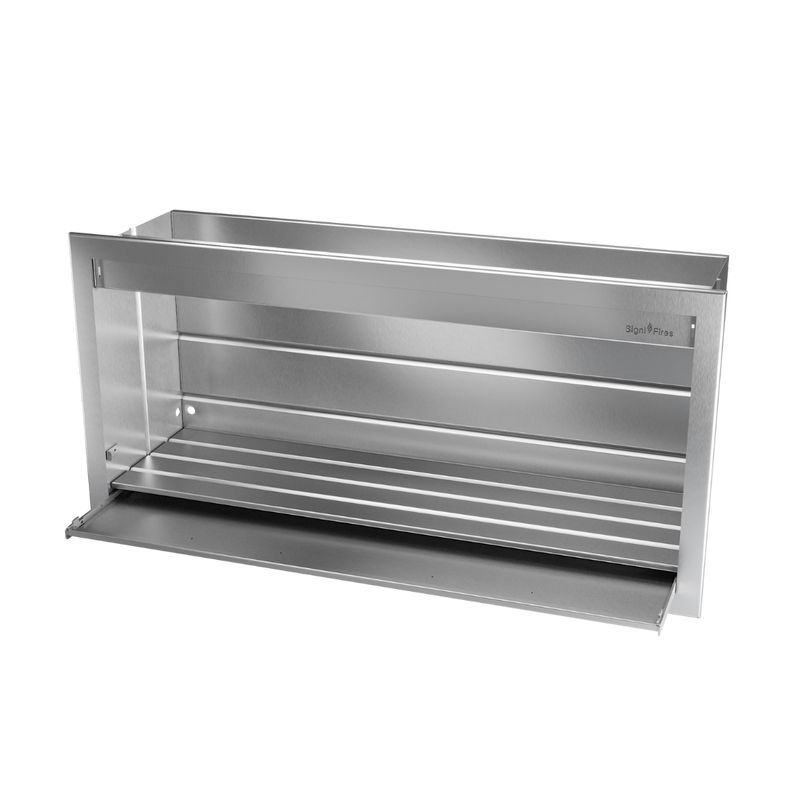 A built-in stainless steel gas braai with closed lid, displayed against a white background.