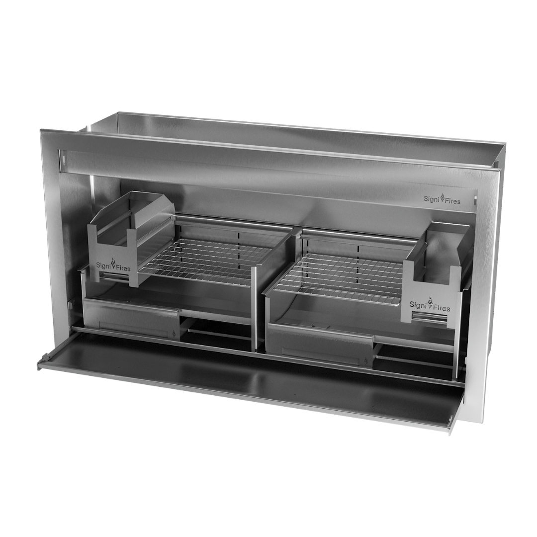 A built-in stainless steel braai (grill) with sliding doors and mesh grates.