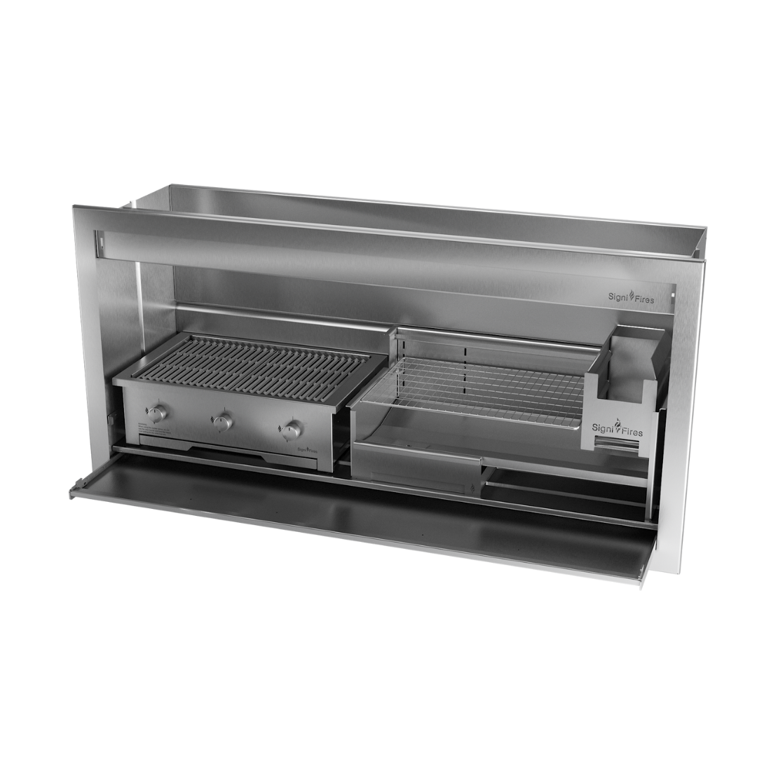 A built-in stainless steel braai grill with a closed lid, designed to be inserted into a prebuilt chimney breast.
