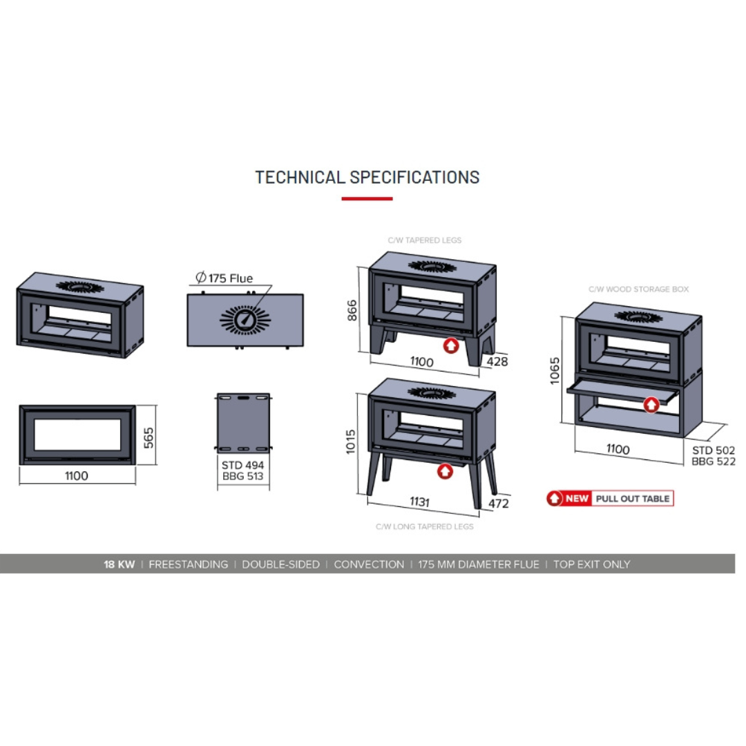 18 kW convection double sided fireplace system diagram with airflow details