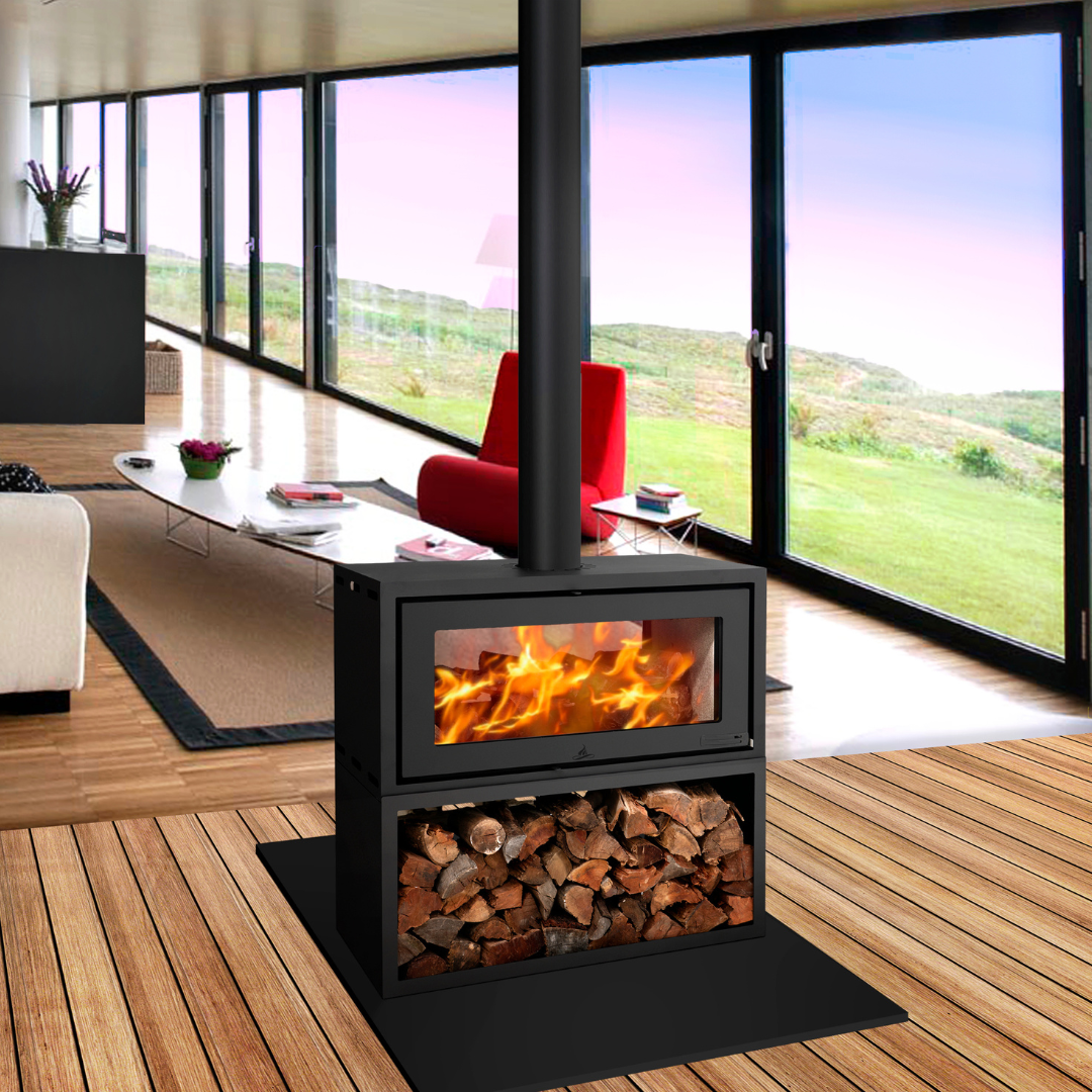 Double-sided 18 kW convection fireplace installed between rooms, contemporary interior