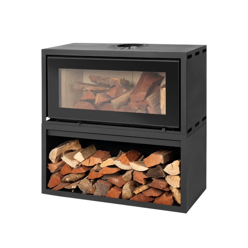 A black double-sided wood-burning fireplace with a visible log box filled with wood. The glass door is open, showing the inside filled with logs.