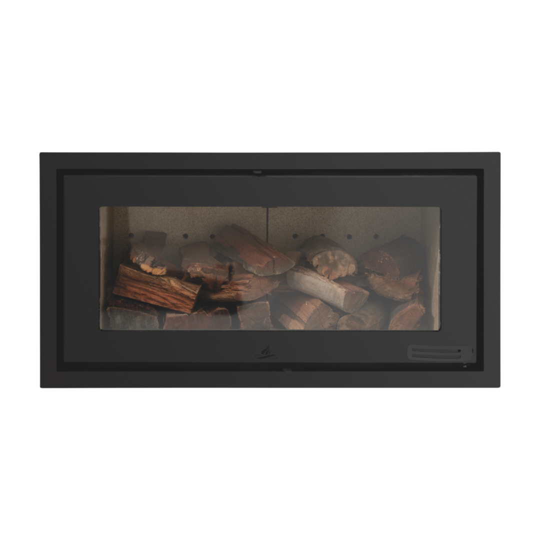 A single-sided glass design fireplace insert with visible wooden logs inside, providing a sleek built-in appearance.