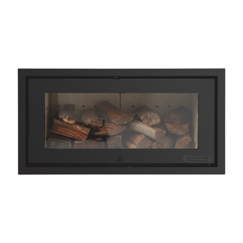 A single-sided glass design fireplace insert with visible wooden logs inside, providing a sleek built-in appearance.