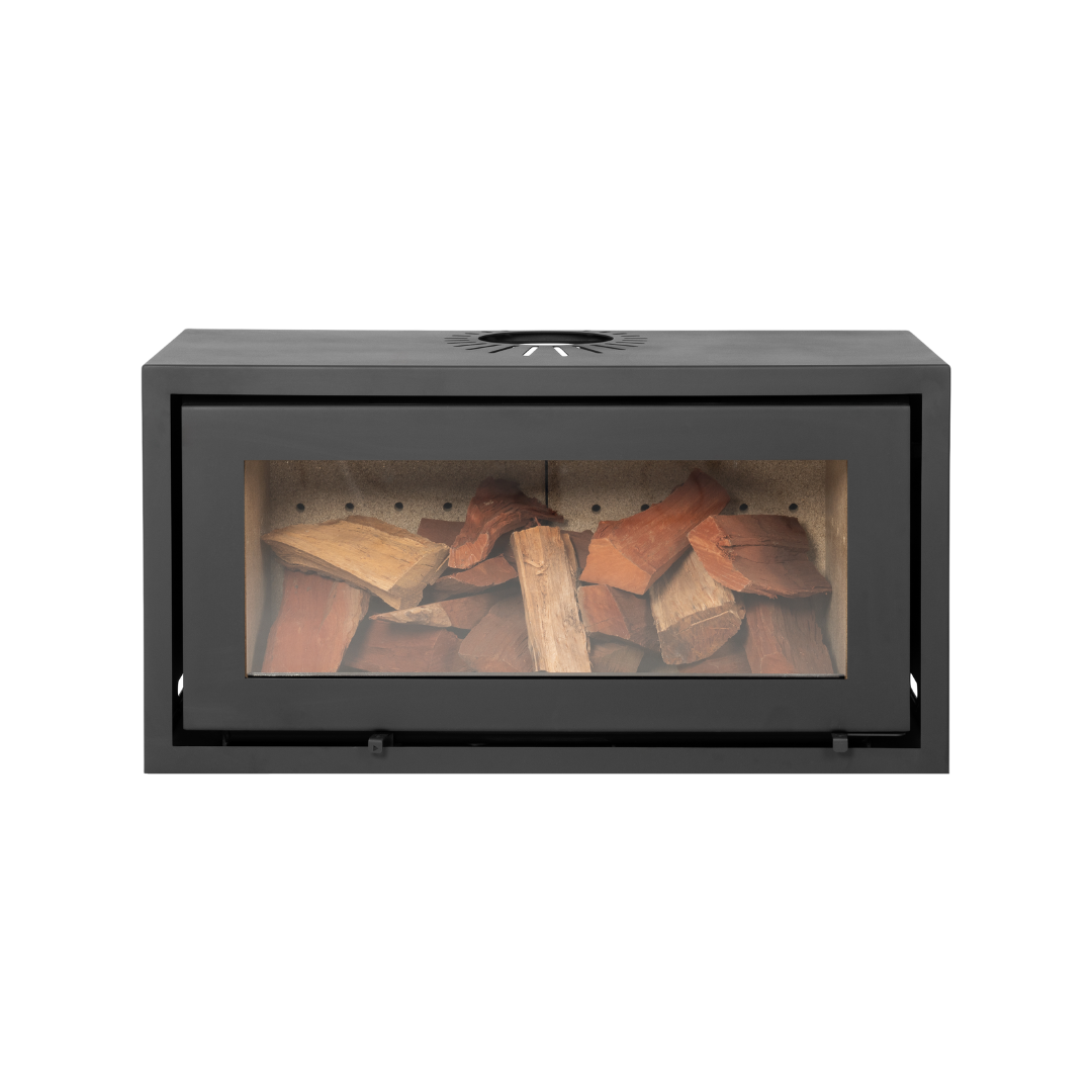 A single-sided freestanding convection fireplace with visible wood inside, having a black glass door and body.