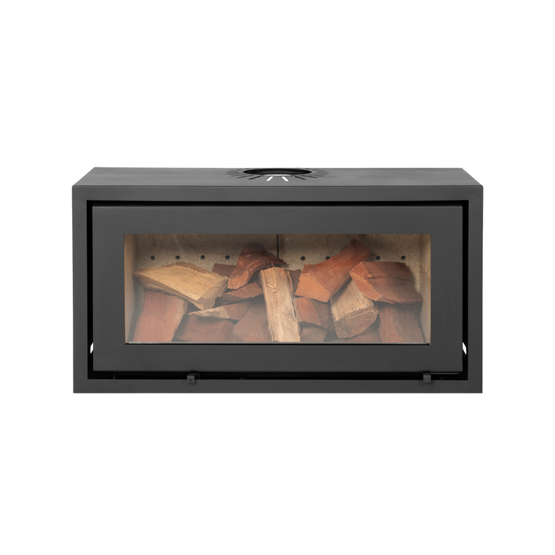 A single-sided freestanding convection fireplace with visible wood inside, having a black glass door and body.