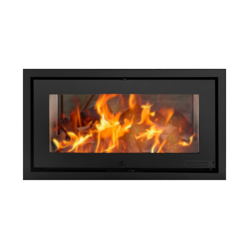 A built-in double-sided fireplace with visible flames behind a black glass panel.