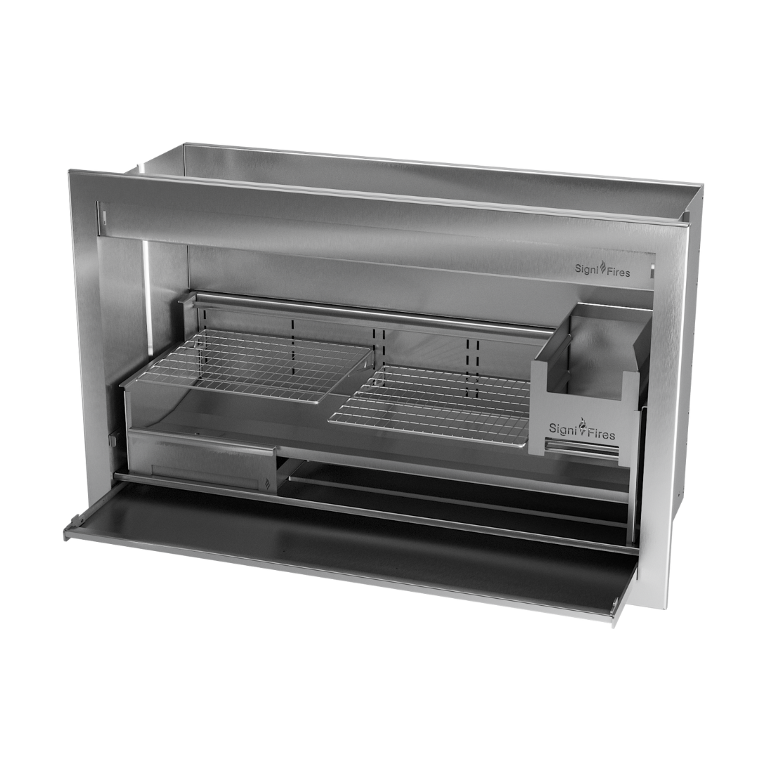 A built-in stainless steel braai (grill) with sliding doors and mesh grates.