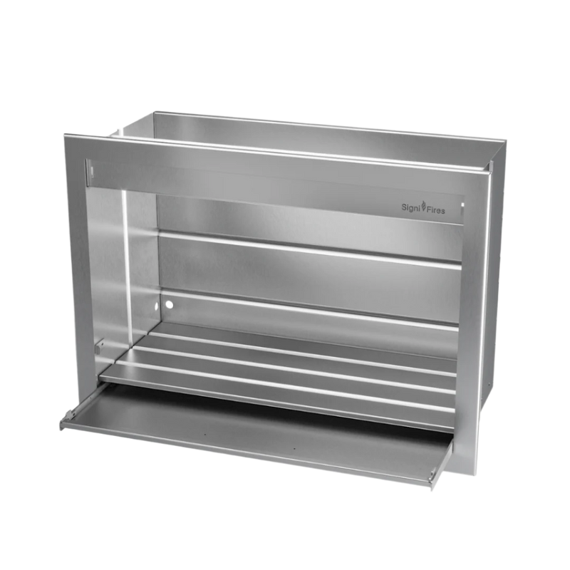 A built-in stainless steel braai (grill) with a sliding door and mesh grill insert.