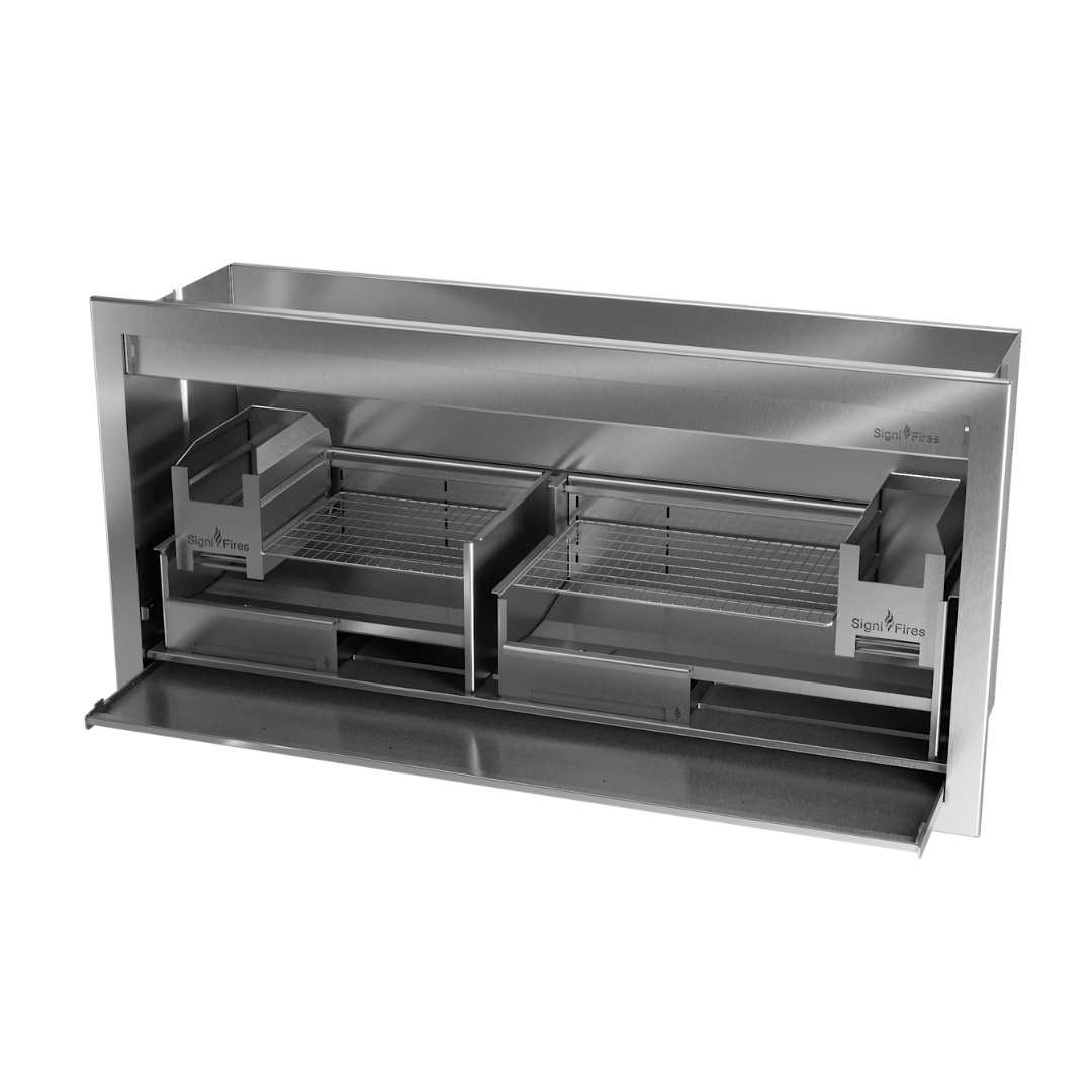 A built-in stainless steel braai (grill) with sliding doors and mesh grates.