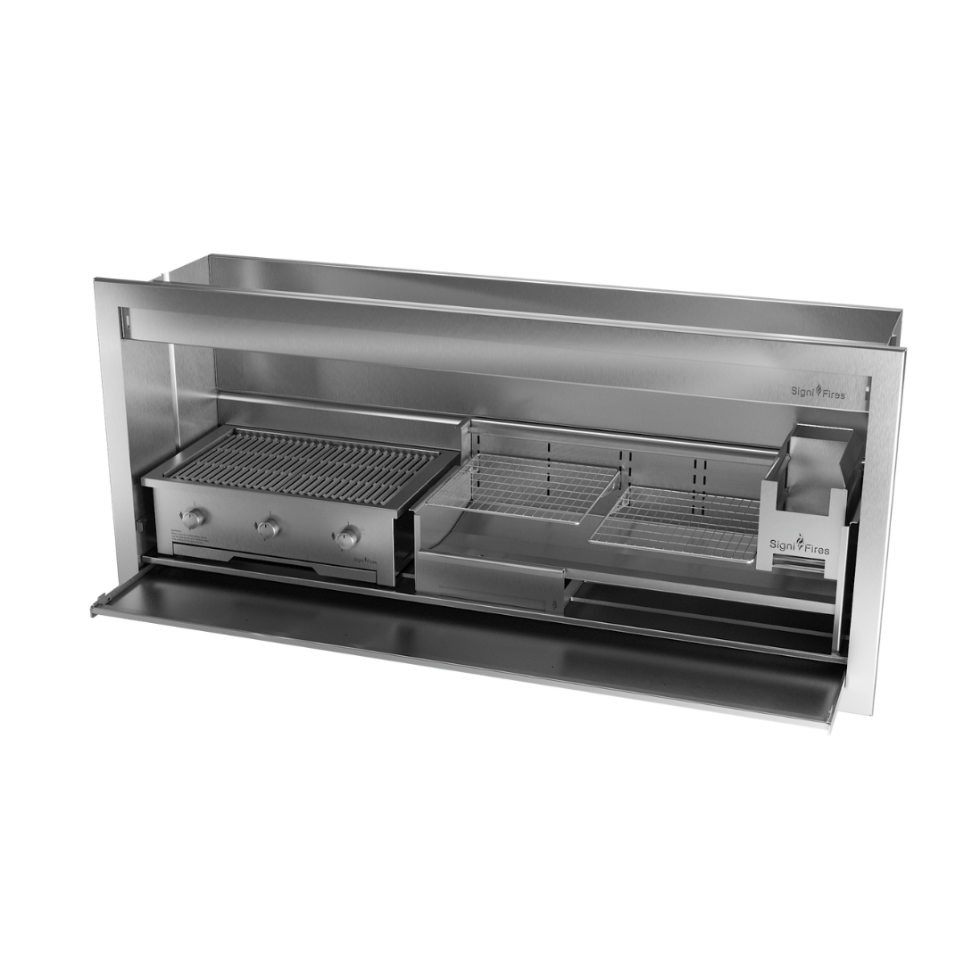 A built-in stainless steel braai (grill) with a closed lid, designed to be inserted into a chimney breast.