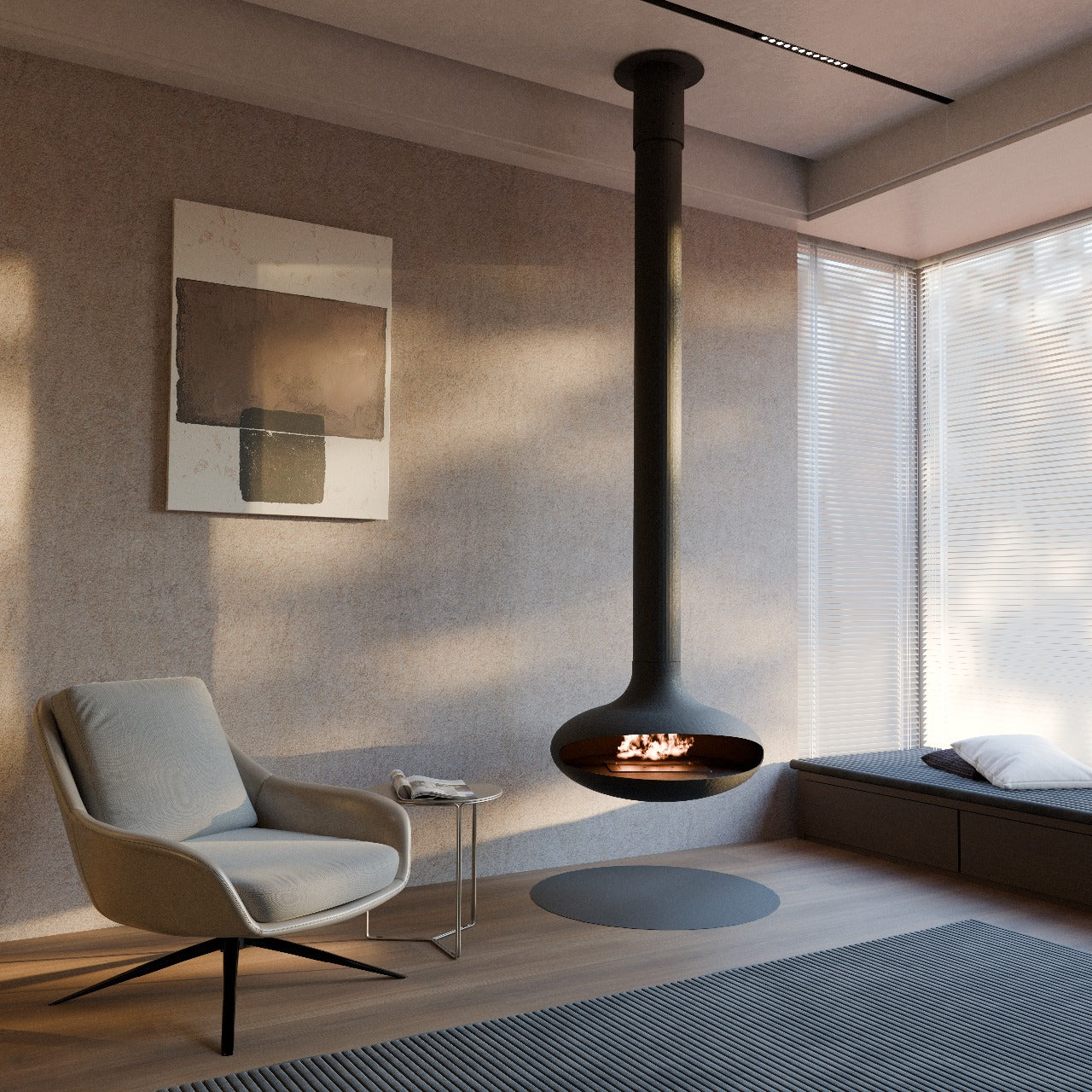 Modern living room with a hanging fireplace, chair, and abstract art.