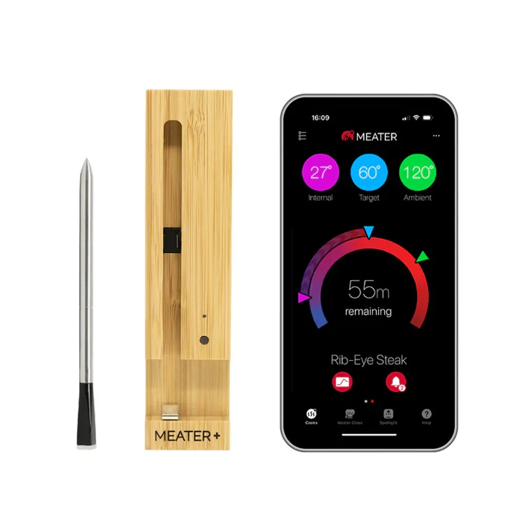 MEATER digital meat thermometer with wooden casing and smartphone app interface on a white background