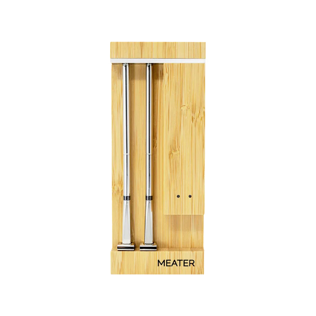 Two metal probes in a wooden packaging with 'MEATER' branding on a white background.