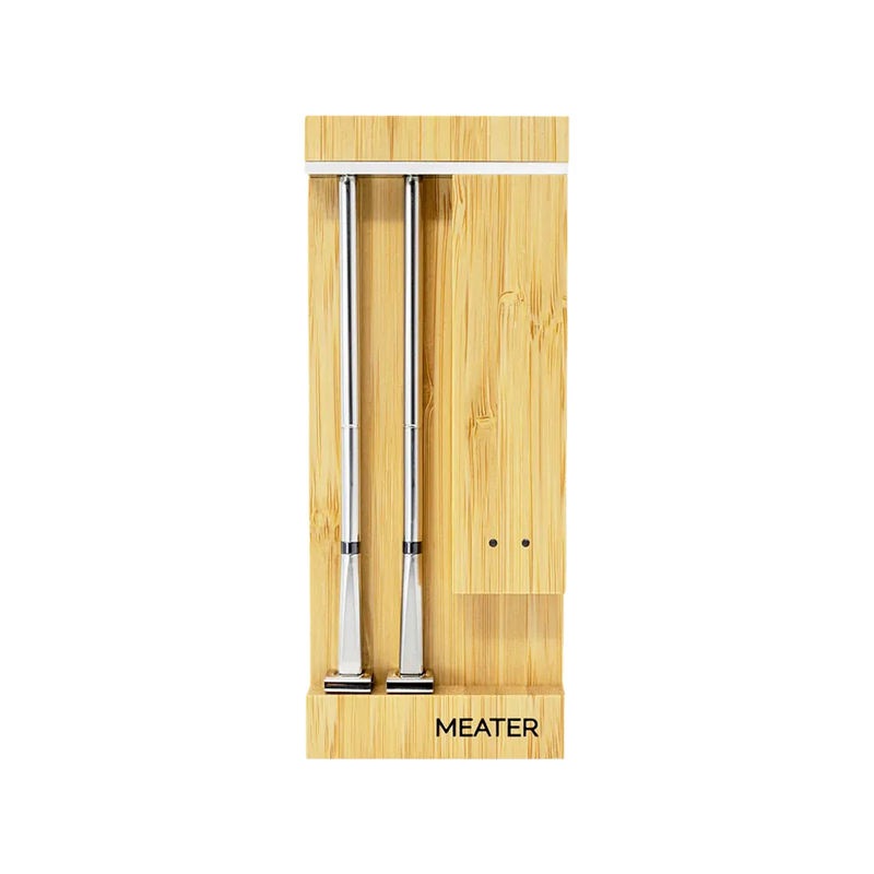 Two metal probes in a wooden packaging with 'MEATER' branding on a white background.