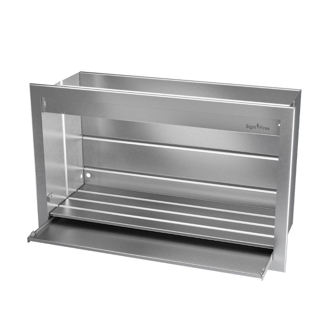 A built-in stainless steel gas braai with sliding door design.