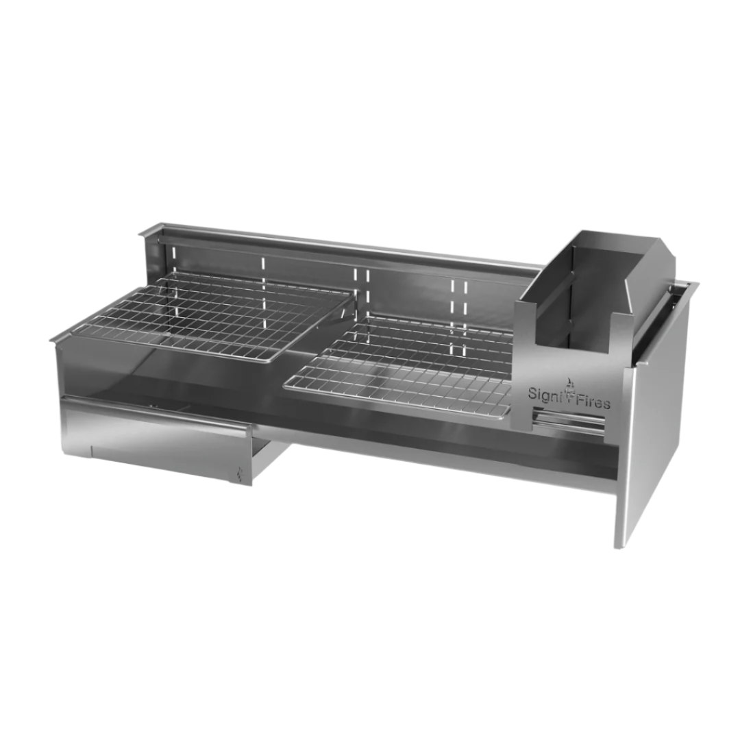 A built-in stainless steel braai grill with a closed lid, set against a white background.