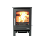 A freestanding, black HENLEY SHERWOOD wood-burning stove with a visible fire through the glass door.