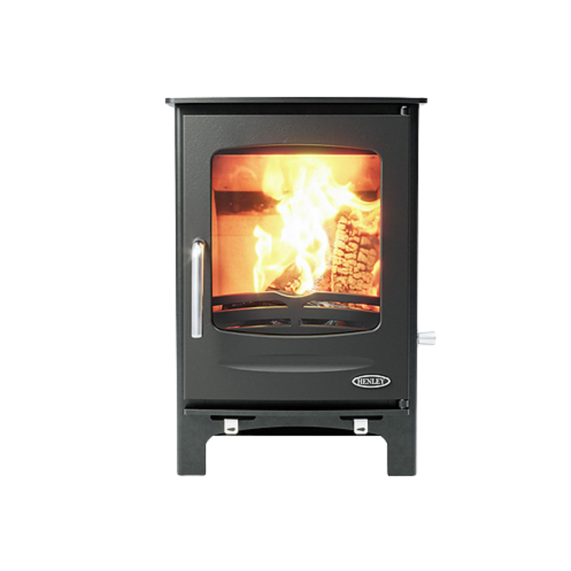 A freestanding, black HENLEY SHERWOOD wood-burning stove with a visible fire through the glass door.