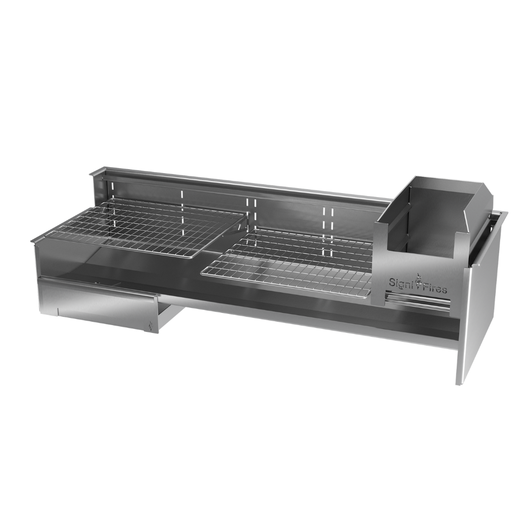 A built-in stainless steel braai with a sliding door and grilling area.