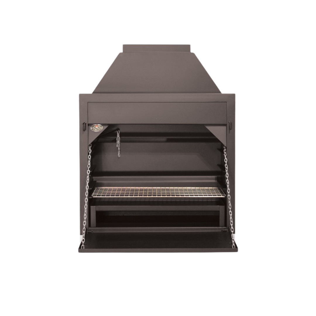 A built-in black stainless steel braai (grill) with a full-length grid visible.