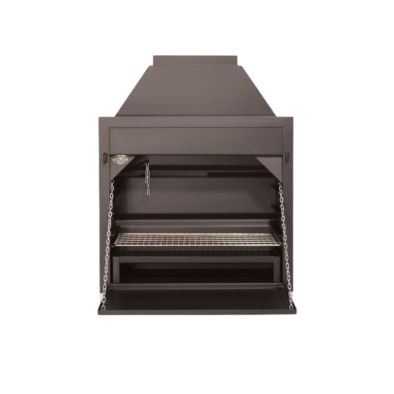 A built-in black stainless steel braai (grill) with a full-length grid visible.