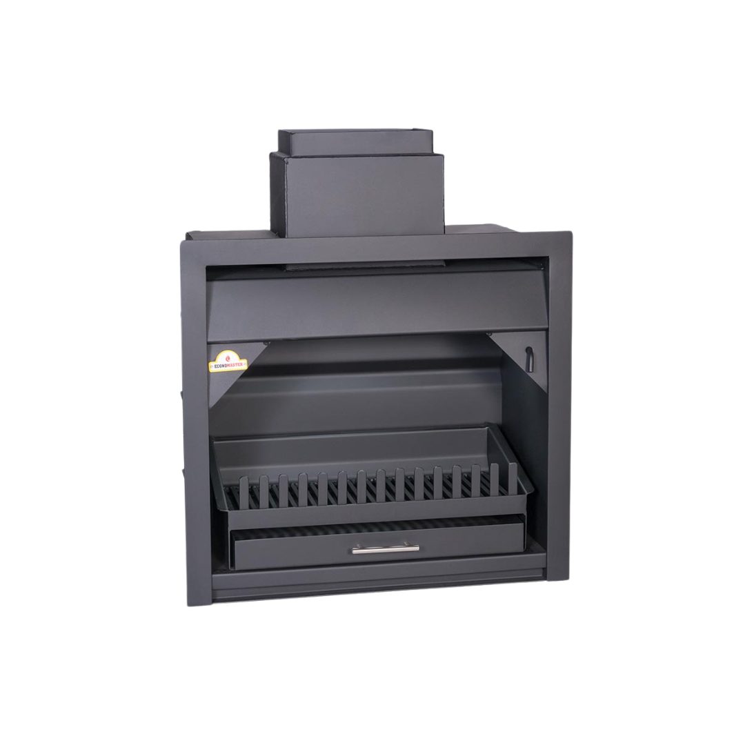 A black built-in fireplace with visible fire grate and chimney connection.