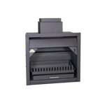 A black built-in fireplace with visible fire grate and chimney connection.