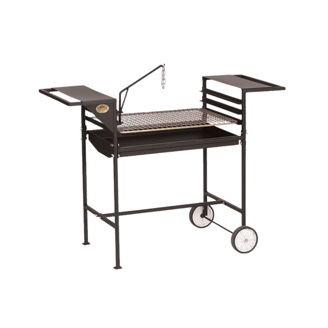 A freestanding, mobile braai (barbecue) grill with a brown color finish, featuring a full-length braai grid, integrated ash pan, poker, and potjie hook. It is mounted on wheels for easy mobility.