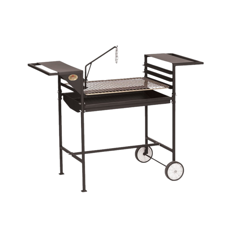 A freestanding, mobile braai (barbecue) grill with a brown color finish, featuring a full-length braai grid, integrated ash pan, poker, and potjie hook. It is mounted on wheels for easy mobility.