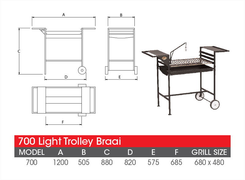 700 light trolley braai full measurements and sizes