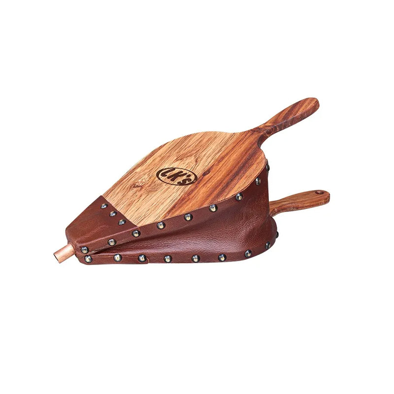 A leather and wood bellows with brass accents and a corporate logo.
