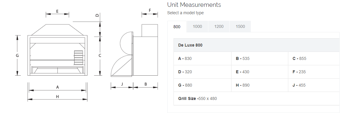 800 Combo braai options info diagram and sizes